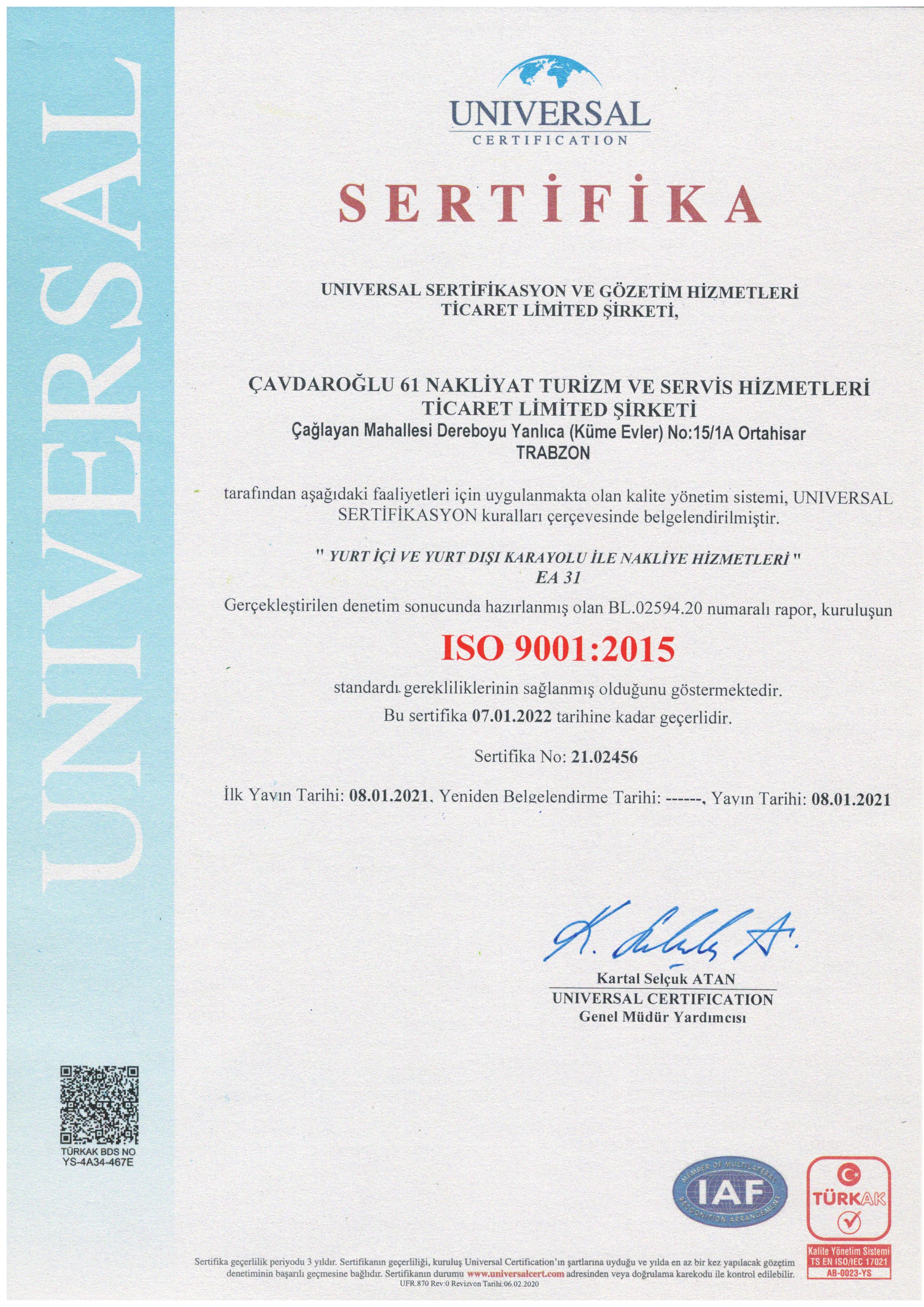 ISO 9001 QUALITY MANAGEMENT SYSTEM CERTIFICATE